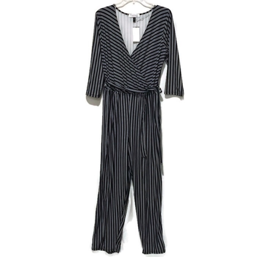 Planet Gold Plus Pinstripe Jumpsuit Black White 1X